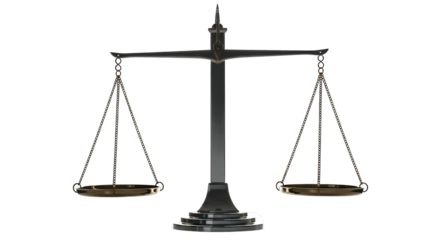 Isolated scales of justice symbol, balanced empty pans, legal or lawyer office equipment