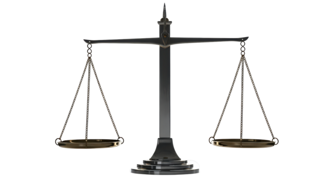Isolated scales of justice symbol, balanced empty pans, legal or lawyer office equipment