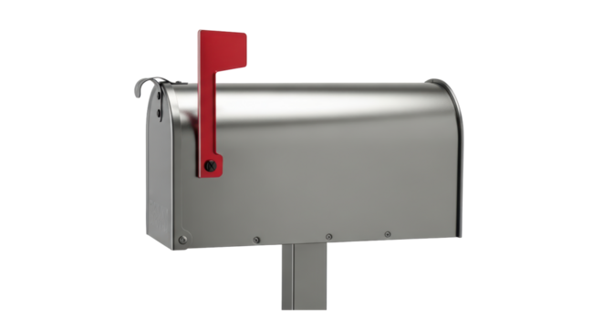 Isolated Stainless Steel Mailbox with Red Flag up on Post Outdoor Delivery Service