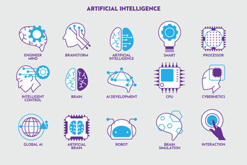 A modern collection of Artificial Intelligence icons featuring brain, robot, processor, and cybernetics designs
