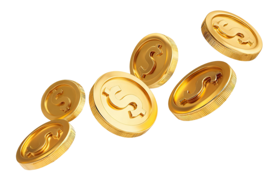 Shiny gold dollar coins flying in mid air, isolated on transparent cutout background
