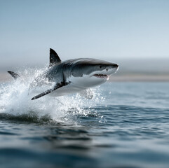 Fototapeta premium Great white shark ocean splash leap action power thrill