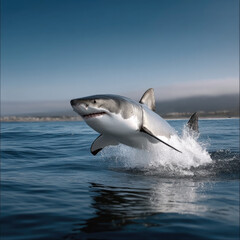 Great white shark ocean breaching splash with power and grace over blue water