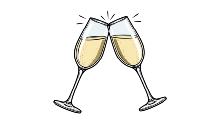 Isolated illustration of two champagne flutes toasting with sparkling light yellow beverage
