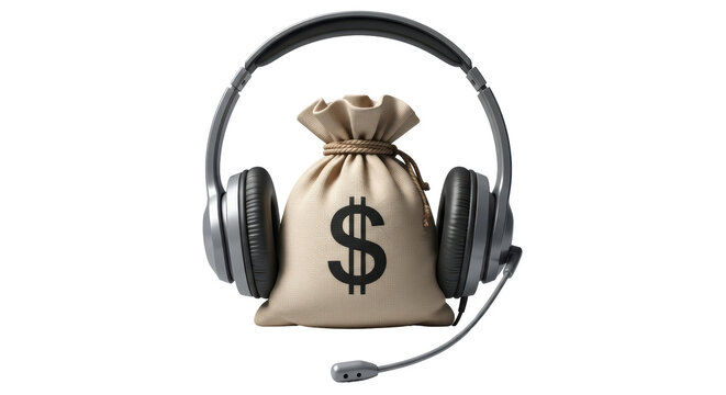 Isolated headset, moneybag studio shot, business concept, financial communication tech