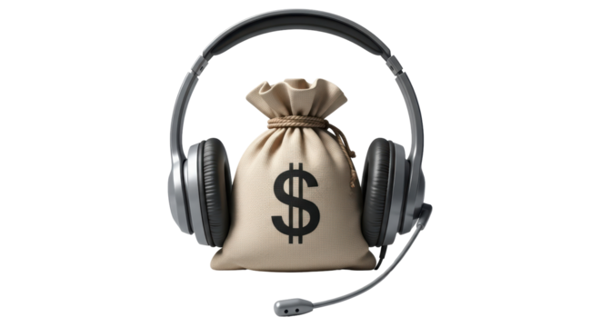 Isolated headset, moneybag studio shot, business concept, financial communication tech