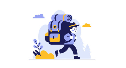 Fototapeta premium Person trekking with backpack and supplies.
