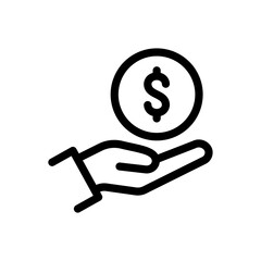 Hand holding a dollar coin, representing financial assistance, charity, or investment. Clean and modern icon for websites, apps, and presentations