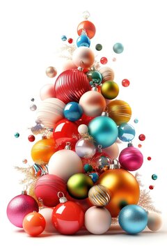 Vibrant christmas ornaments forming a festive tree with sparkling holiday decorations