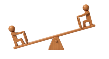 Isolated wooden see-saw with two stylized stick figures balanced on the ends, fair balance