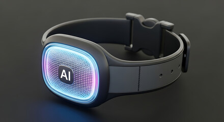 Ai pet collar with glowing screen and digital interface