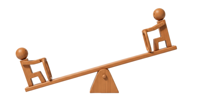 Isolated wooden see-saw with two stylized stick figures balanced on the ends, fair balance