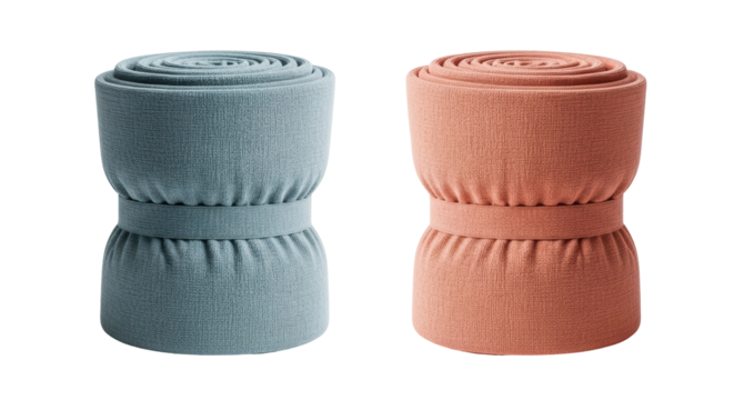 Isolated roll towels in gray and orange colors, stacked together with fabric texture finish