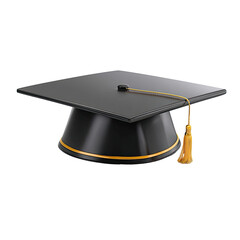 3D rendering of a black graduation cap with gold trim and tassel