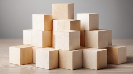 Stacked wooden blocks forming a stable structure representing growth and development in a minimalist style