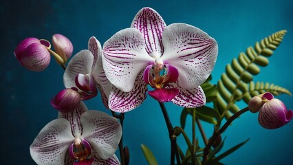 White Orchids With Pink Centers And Tropical Ferns Against Blue Background	

