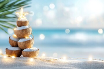 Tropical christmas tree made of coconuts on sandy beach with festive lights