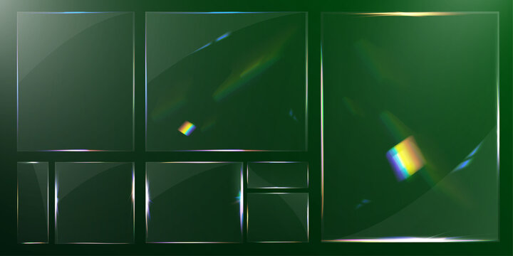 Transparent glass panels set with light glare rainbow reflection vector template for banner ui design.
