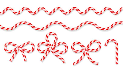 Candy cane borders and bows set. Red and white stripes. 3d Vector illustration
