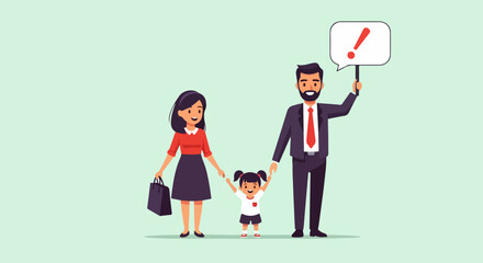 Obraz premium Family with child holding exclamation mark sign. Cartoon family stands together, holding hands in a parental moment, while also holding an exclamation mark sign.