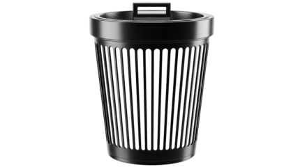 Isolated black metal trash can or wastebasket, home office modern interior decor idea