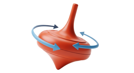 Isolated spinning top toy for children's play time in orange with blue motion arrows