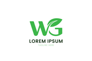 Minimalist green wg logo with leaf symbol and lorem ipsum text for modern branding