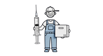 Isolated delivery worker with injection and box, vaccine transport, virus prevention