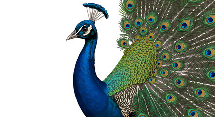 Fototapeta premium Majestic Peacock with Vibrant Plumage Profile View against White Background isolated on transparent background