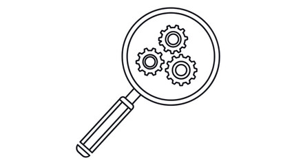 Isolated illustration of a magnifying glass with gears symbolizing investigation and analysis