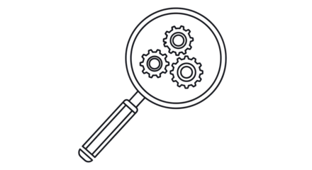 Isolated illustration of a magnifying glass with gears symbolizing investigation and analysis