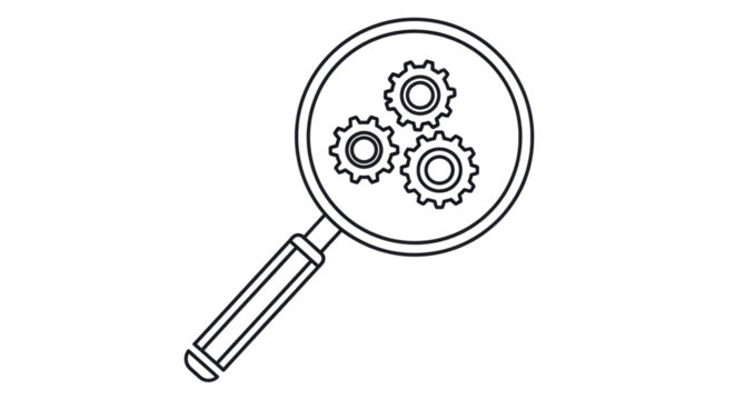Isolated illustration of a magnifying glass with gears symbolizing investigation and analysis