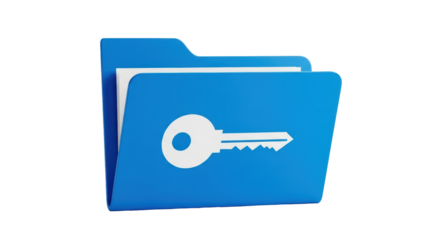 Isolated blue folder containing sheets with key, symbolizing secure access to information