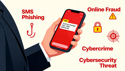 SMS phishing and online fraud conceptual illustration. A business person's hand holds a phone with a fake package delivery link. Cybercrime, smishing, and cybersecurity threat.