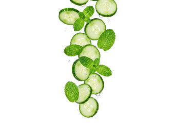 Fresh Cucumber Slices and Mint Leaves Falling with Water Drops on White. Refreshing, Healthy, Natural Ingredients for Detox & Drinks.