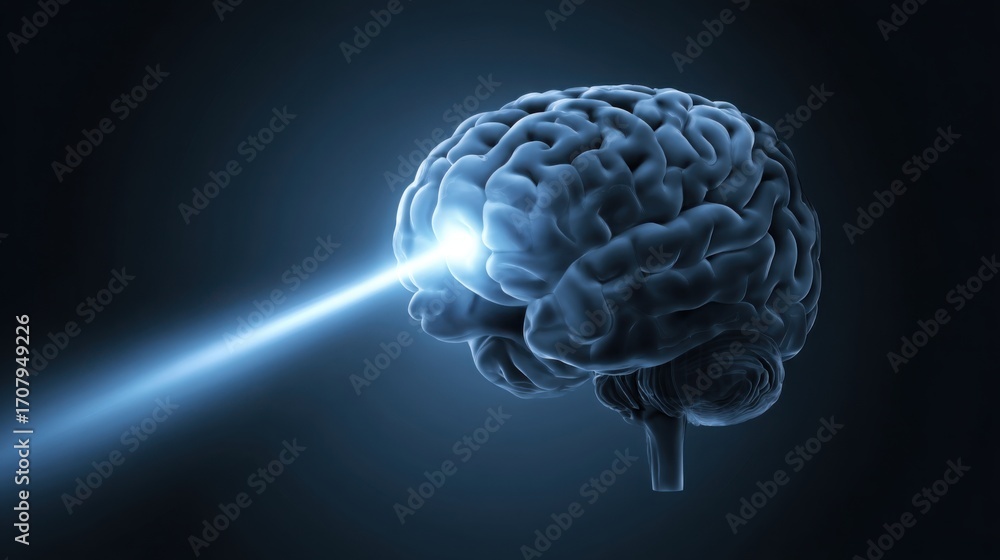 Poster captivating image of a brain surrounded by a beam of light representing awareness and focus in the r