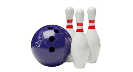 Isolated Bowling ball with three pins ready for bowling sport, isolated on clear backdrop