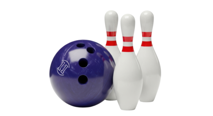 Isolated Bowling ball with three pins ready for bowling sport, isolated on clear backdrop