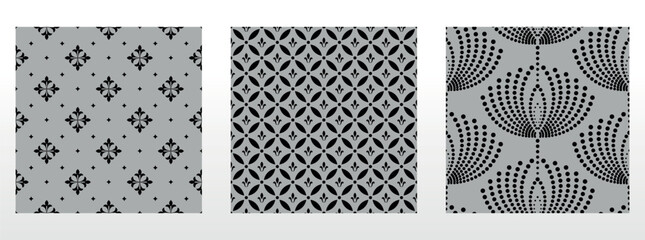 Geometric floral set of seamless patterns. Gray and black vector backgrounds. Damask graphic ornaments