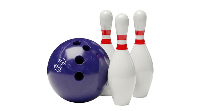 Isolated Bowling ball with three pins ready for bowling sport, isolated on clear backdrop