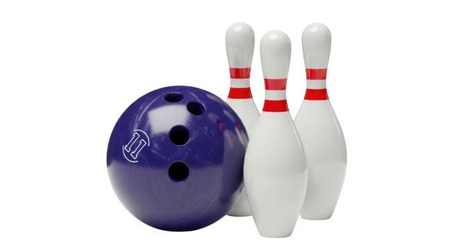 Isolated Bowling ball with three pins ready for bowling sport, isolated on clear backdrop