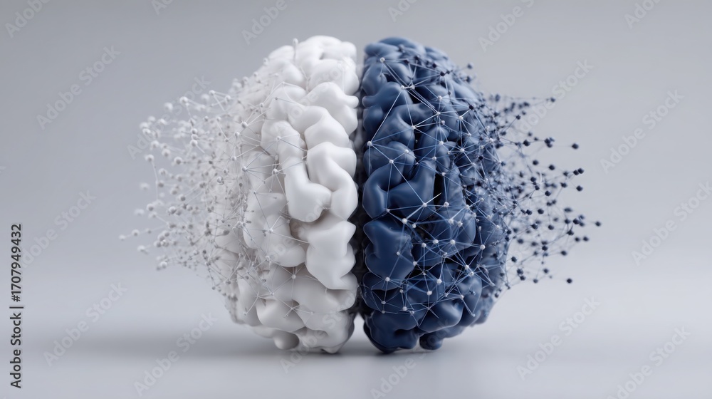Aufkleber intricate visualization of a brain with blue and white color palette representing neural connections