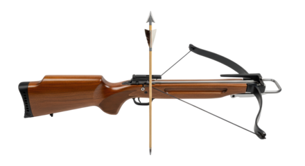 Isolated antique wooden crossbow and arrow weapon for target practice or hunting recreation