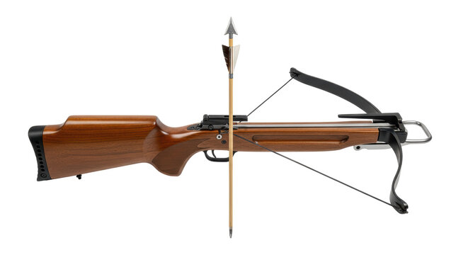 Isolated antique wooden crossbow and arrow weapon for target practice or hunting recreation