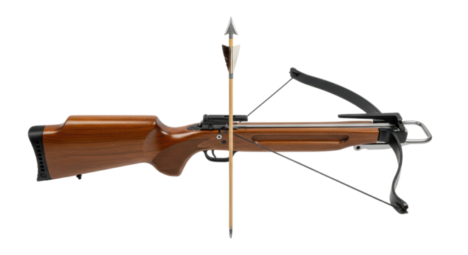 Isolated antique wooden crossbow and arrow weapon for target practice or hunting recreation