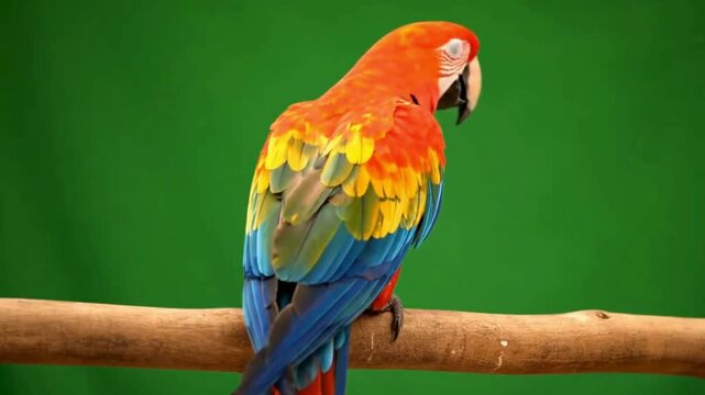 Colorful parrot perched on a branch against a solid green background.