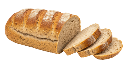 Isolated loaf of multigrain bread with three slices, bakery food, wholesome nutrition