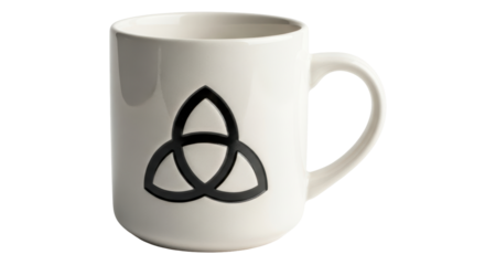 Isolated ceramic mug with black triquetra emblem for coffee, tea, or other beverage