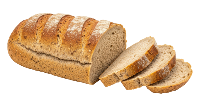 Isolated loaf of multigrain bread with three slices, bakery food, wholesome nutrition