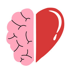 Brain and heart split vector illustration. Hand drawn cartoon happy mind connection heart and brain